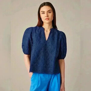 Hudson’s North Women’s Splitneck Pointelle Poplin Blouse Navy Blue Size Large